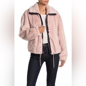 NWOT! Lucky Brand Faux Fur Hooded Zip Jacket Light Pink, Rose Gold Detail- Large